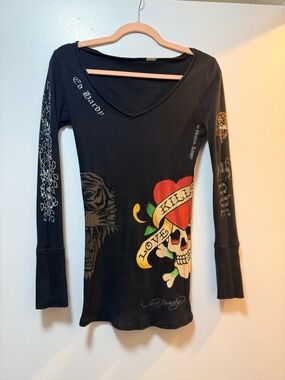 Ed Hardy Black V-Neck Skull & Heart Graphic Long Sleeve Top